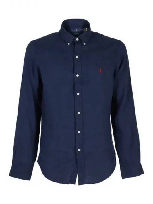 Embroidered Pony Linen Long Sleeve Shirt Navy - POLO RALPH LAUREN - BALAAN 2