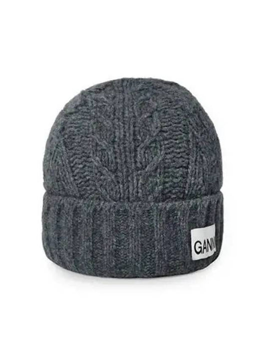 Logo Cable Knit Beanie Grey - GANNI - BALAAN 2