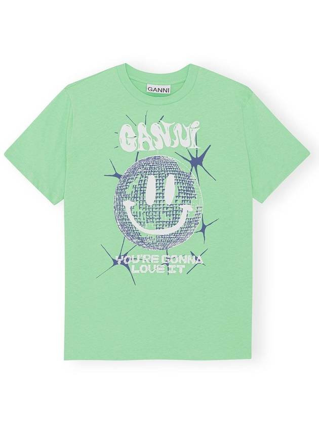 Smiley Relaxation Logo Round Neck Cotton Short Sleeve T-Shirt Green - GANNI - BALAAN 2