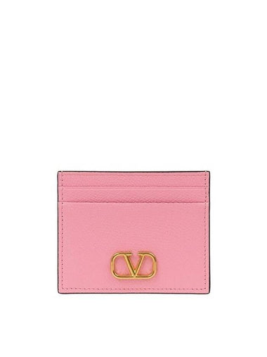 V Logo Signature Grainy Calfskin Card Wallet Pink - VALENTINO - BALAAN 1