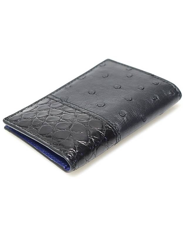 66 0225 Black Crocodile Ostrich Navy Leather Two tone Card Wallet - SALVATORE FERRAGAMO - BALAAN 5