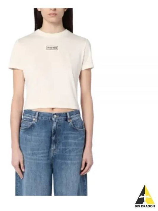 Logo Patch Crop Cotton Short Sleeve T-shirt Light Beige - MIU MIU - BALAAN 2