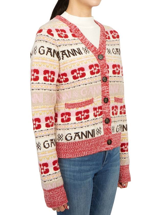 Logo V-neck Wool Blend Cardigan Red - GANNI - BALAAN 4