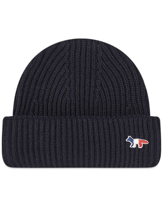 Tricolor Fox Patch Ribbed Beanie Navy - MAISON KITSUNE - BALAAN.