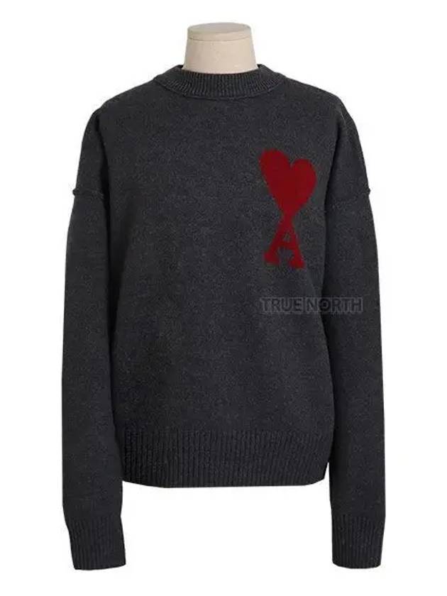 Intarsia Big Heart Logo Wool Knit Top Grey - AMI - BALAAN 2