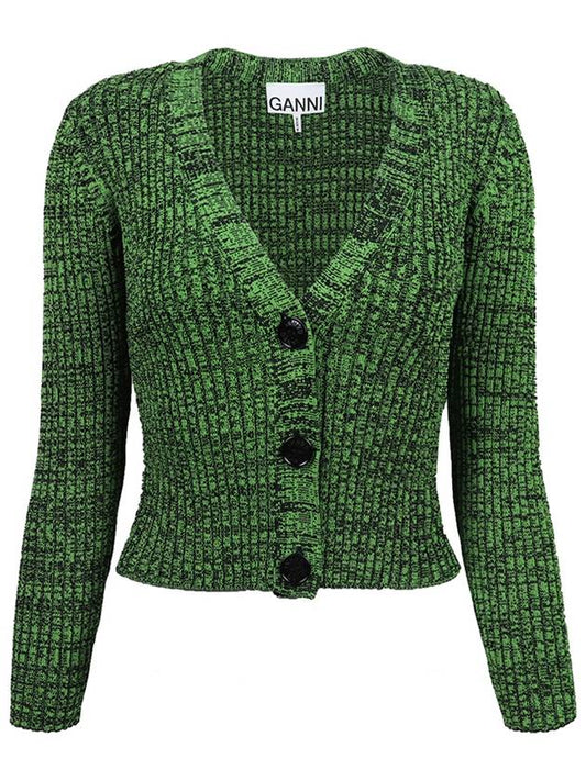 Women's Crop Melange Knit Cardigan Green - GANNI - BALAAN 2