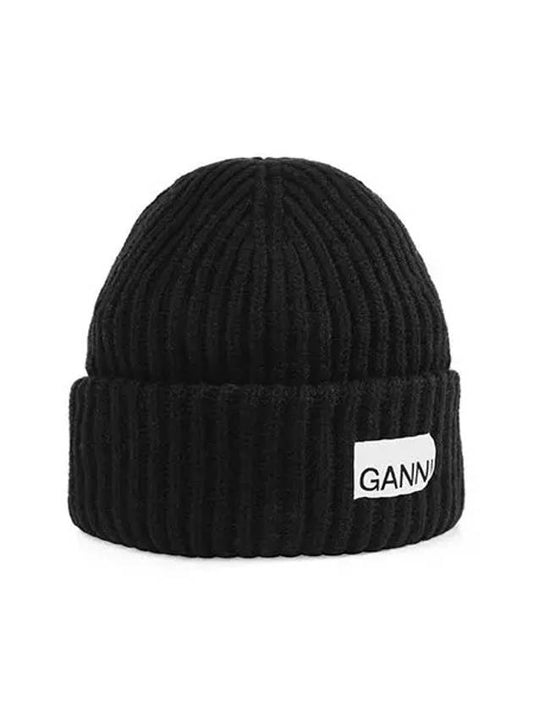 Logo Patch Knit Beanie Black - GANNI - BALAAN 2