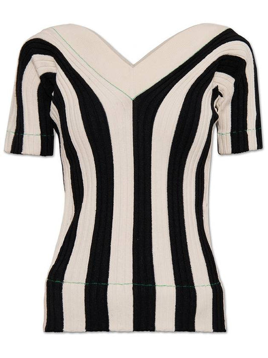 Striped V-neck Short Sleeve Knit Top - BOTTEGA VENETA - BALAAN 2