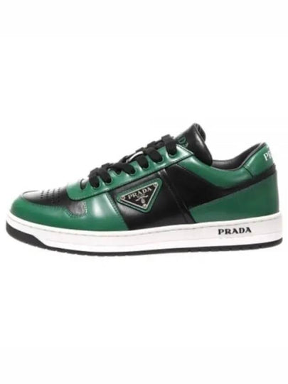 Men's Downtown Triangle Logo Leather Low Top Sneakers Black Green - PRADA - BALAAN 2