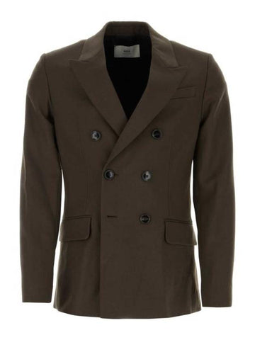 Wool Gabardine Double Breasted Jacket Dark Coffee - AMI - BALAAN 1