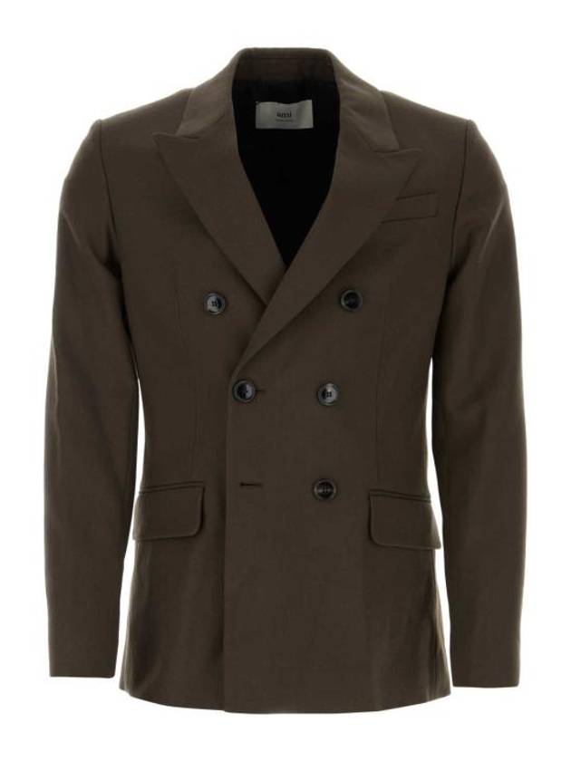 Wool Gabardine Double Breasted Jacket Dark Coffee - AMI - BALAAN 1