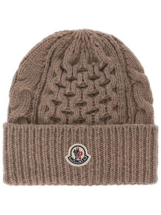 Logo Patch Cable Knit Beanie Brown - MONCLER - BALAAN 1