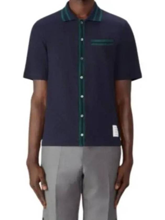 Pointelle Striped Racking Stitch Cotton Short Sleeve Shirt Navy - THOM BROWNE - BALAAN 2