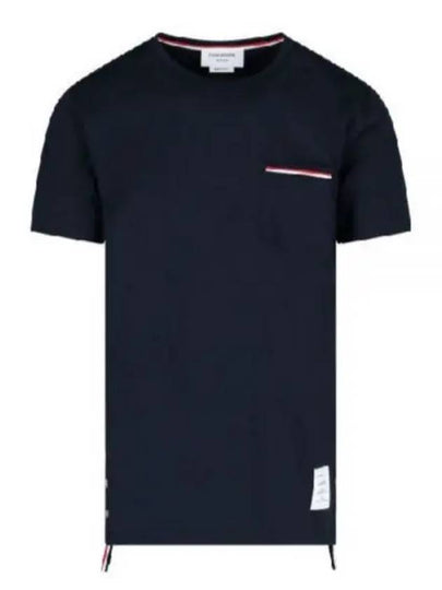 Men's Medium Weight Jersey Tipped Pocket Crewneck Short Short Sleeve T-Shirt Navy - THOM BROWNE - BALAAN 2