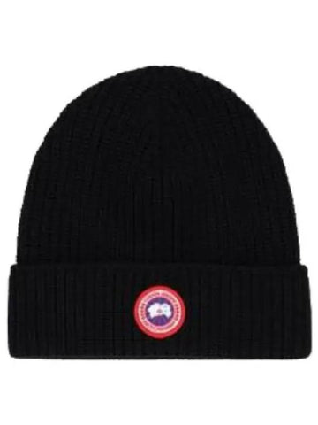 Logo Patch Wool Beanie Black Hat - CANADA GOOSE - BALAAN 1