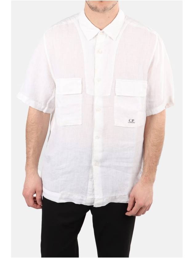 Linen Short Sleeve Shirt White - CP COMPANY - BALAAN 3