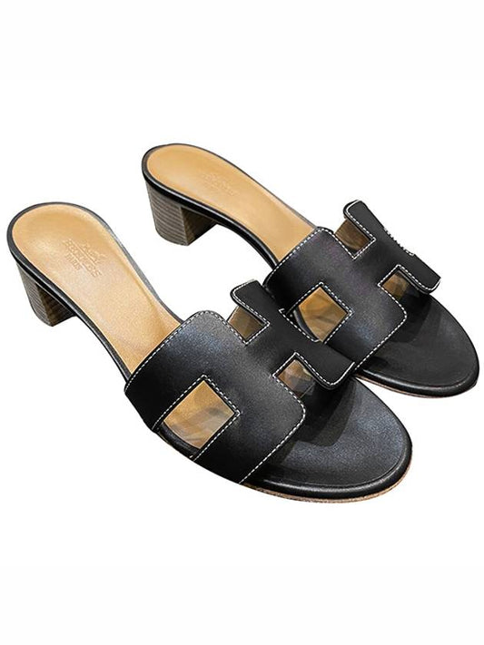 Oasis Calfskin Slipper Heels Noir Piqures Ecrues - HERMES - BALAAN 2