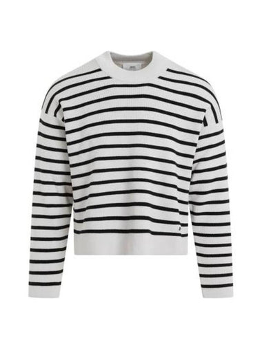 Embroidery Logo Sailor Crew Neck Striped Knit Top Black Chalk - AMI - BALAAN 1