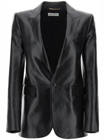 Single Breasted Leather Blazer Jacket Black - SAINT LAURENT - BALAAN 1