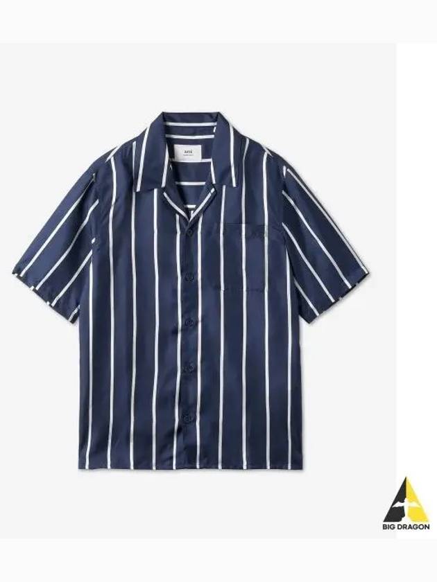 Striped Short Sleeve Shirt Nautic Blue - AMI - BALAAN 2