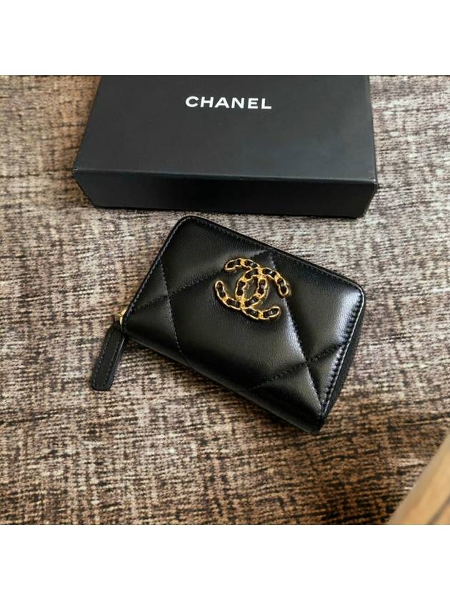 19 Nineteen Quilted Zipper Card Wallet Holder Lambskin Black Gold AP0949 - CHANEL - BALAAN 6