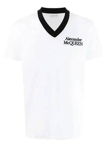 Embroiderd Logo V-neck Short Sleeve T-shirt White - ALEXANDER MCQUEEN - BALAAN 1