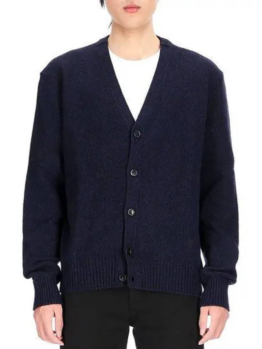 Heart Logo V Neck Cashmere Cardigan Navy - AMI - BALAAN 2