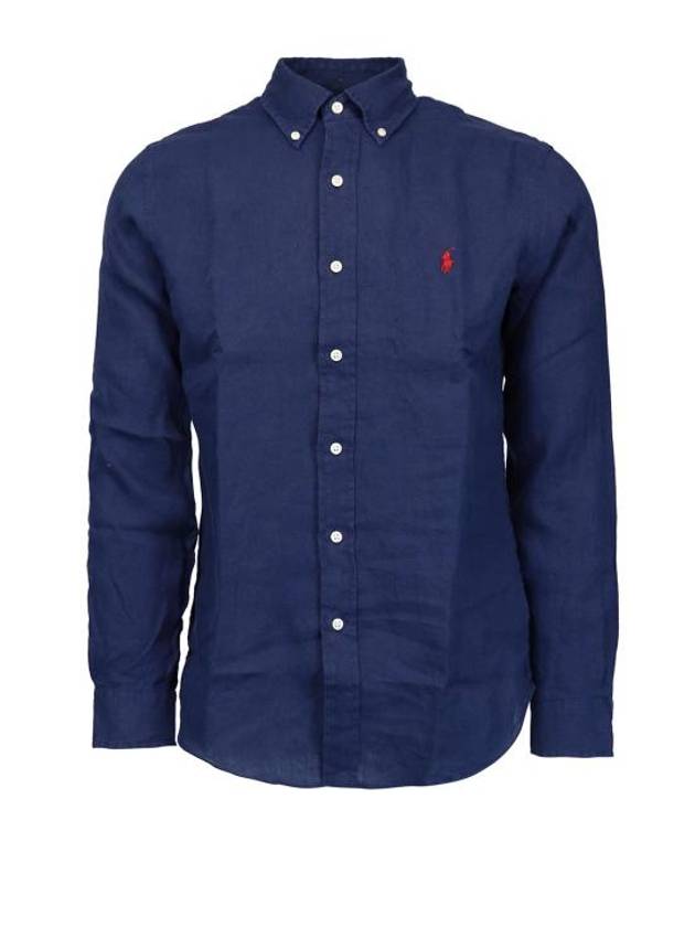 Men's Pony Embroidery Linen Oxford Long Sleeve Shirt Blue - POLO RALPH LAUREN - BALAAN 2