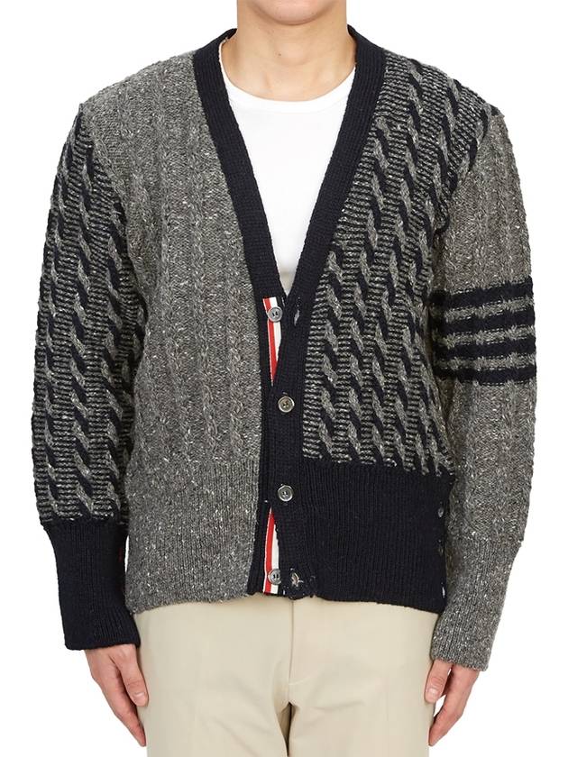 Funmix Donnyroll Cable 4 Bar V-Neck Cardigan Medium Grey - THOM BROWNE - BALAAN 4