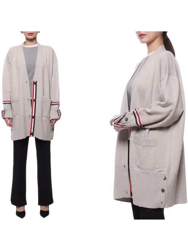 Merino Wool Stripe Exaggerated V-Neck Cardigan Neutrals - THOM BROWNE - BALAAN 2