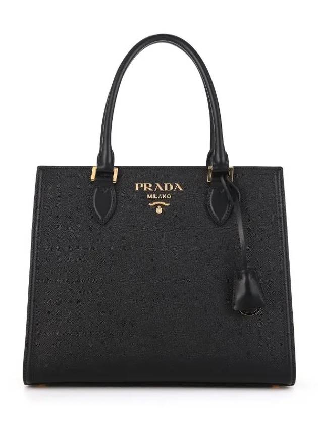 Saffiano Gold Square Leather Tote Bag Black - PRADA - BALAAN 3