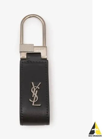 Silver Hardware Mini Monogram Leather Key Holder Black - SAINT LAURENT - BALAAN 2