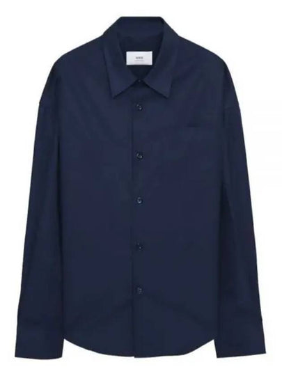 Chest Pocket Boxy Fit Poplin Long Sleeve Shirt Navy - AMI - BALAAN 2