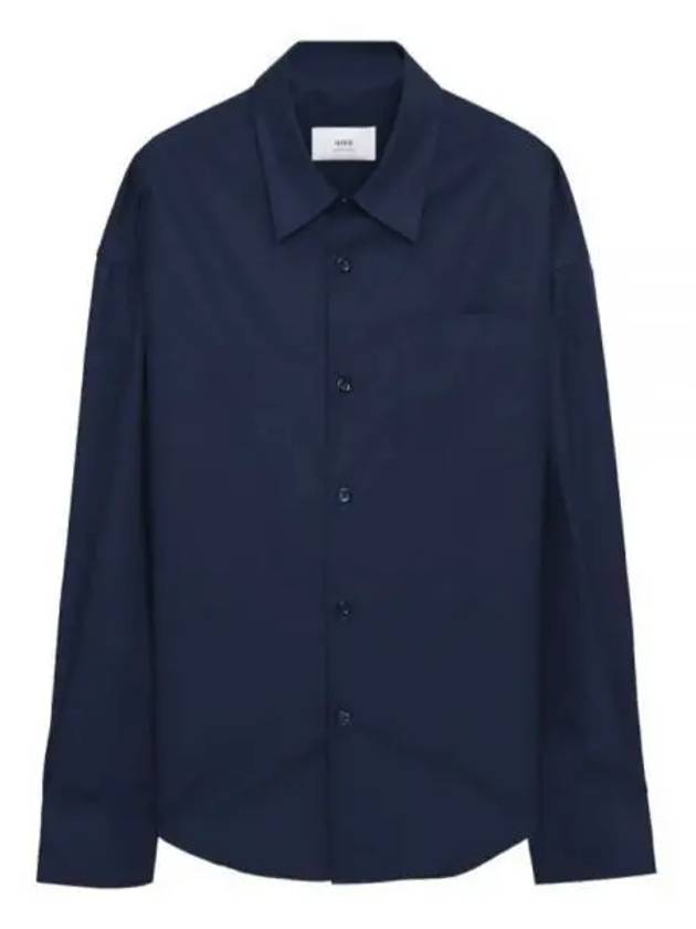 Chest Pocket Boxy Fit Poplin Long Sleeve Shirt Navy - AMI - BALAAN 2