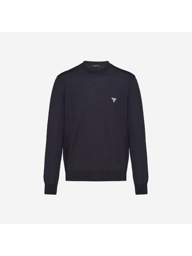 Superfine Crew Neck Wool Knitted Sweater Navy - PRADA - BALAAN 1