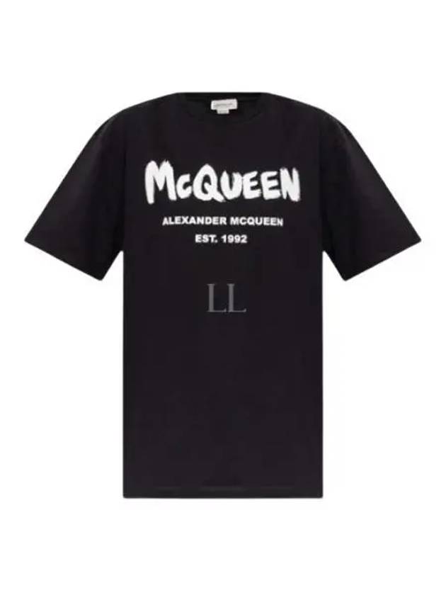 Women's Graffiti Logo Short Sleeve T-Shirt Black - ALEXANDER MCQUEEN - BALAAN 2