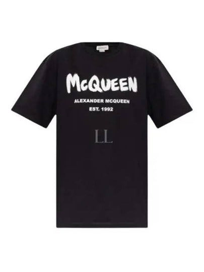 Women's Graffiti Logo Short Sleeve T-Shirt Black - ALEXANDER MCQUEEN - BALAAN 2