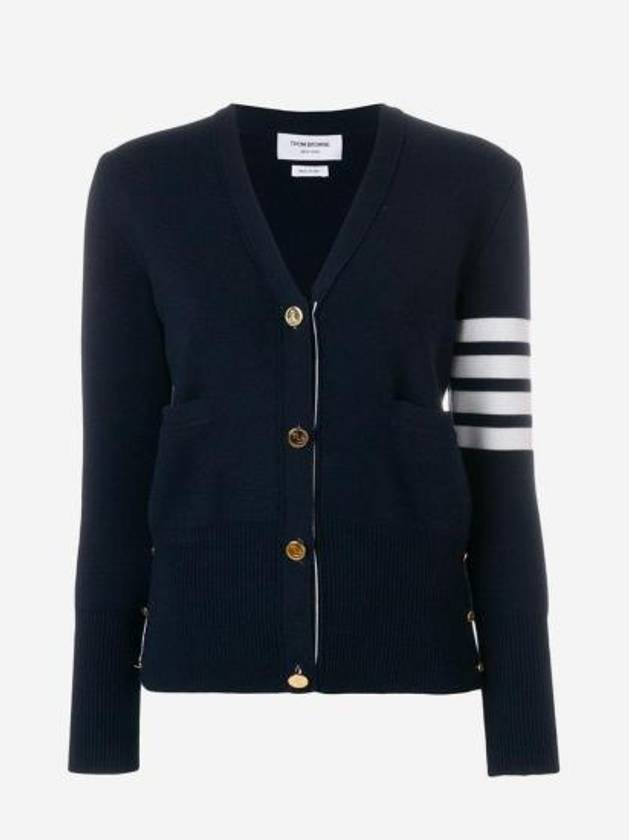 Milano Stitch 4 Bar Classic V Neck Fine Merino Wool Cardigan Navy - THOM BROWNE - BALAAN 2