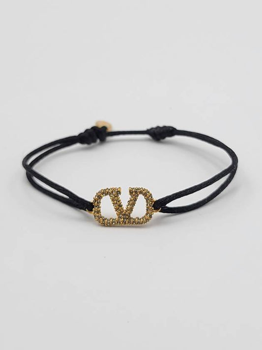 Crystal V Logo Leather Strap Bracelet Black - VALENTINO - BALAAN 2