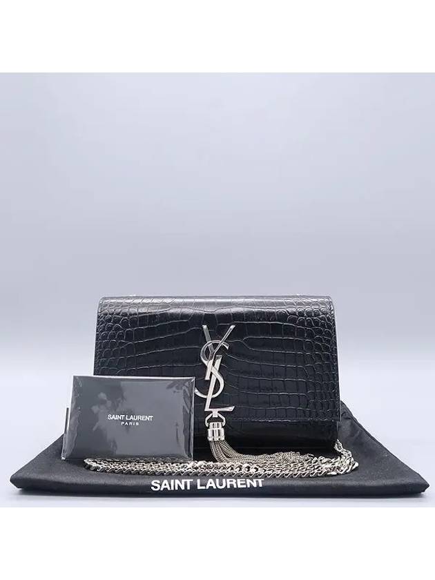 474366 Black Crocodile Silver Monogram Kate Tassel Cross Bag - SAINT LAURENT - BALAAN 1