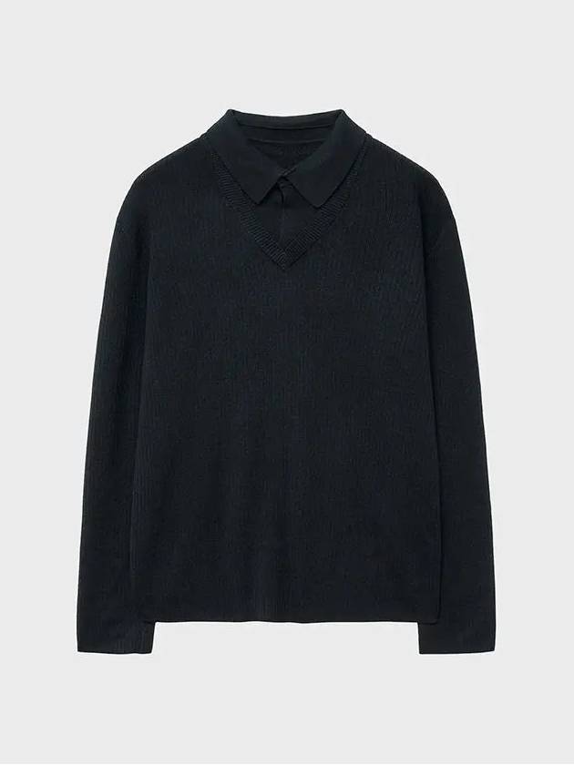 Layered V Neck Polo Knit Black - NOIRER - BALAAN 3