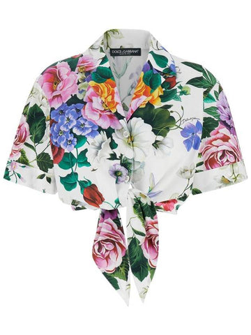 Multicolor Crop Shirt With All-Over Floral Motif And Logo Lettering Detail On The Front In Cotton Woman - DOLCE&GABBANA - BALAAN 1