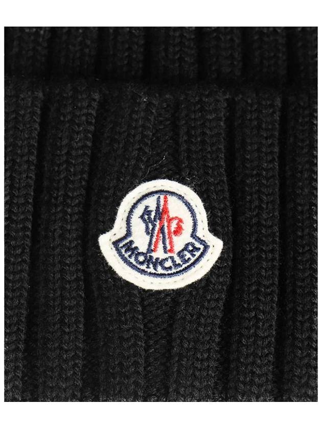 Logo Patch Wool Rib Knit Beanie Black - MONCLER - BALAAN 4