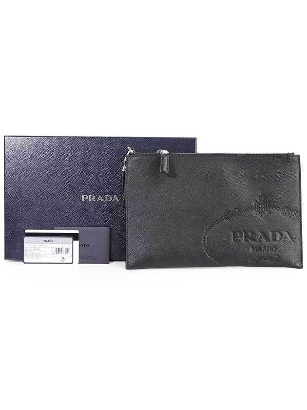 Prada 2NH005 2MB8 Black Saffiano Leather Engraved Logo Strap Clutch - PRADA - BALAAN 1