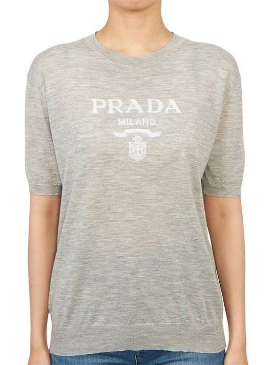 Women's Logo Cashmere Knit Top Grey - PRADA - BALAAN 2