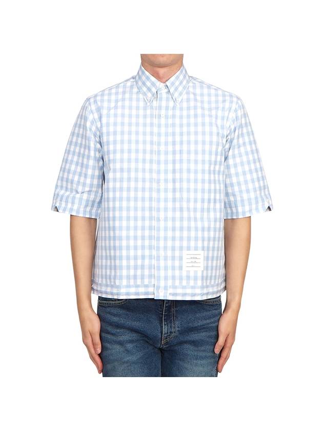 Gingham Poplin Drawstring Hem Short Sleeve Shirt Light Blue - THOM BROWNE - BALAAN 2