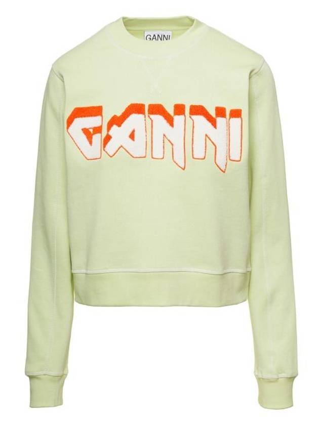 Isoli Logo Print Crew Neck Sweatshirt Green - GANNI - BALAAN.