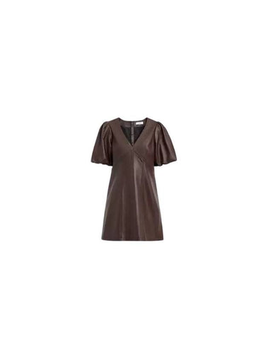 Puff Sleeve Leather Short Dress Brown - COACH - BALAAN 1