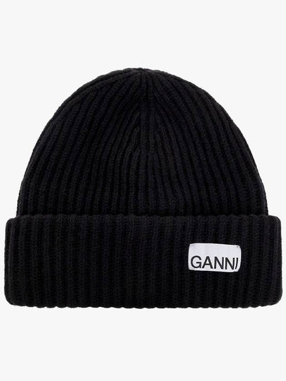 Logo Patch Wool Beanie Black - GANNI - BALAAN 2