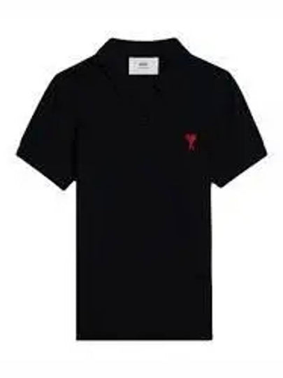 Embroidered Heart Logo Short Sleeve Polo Shirt Black - AMI - BALAAN 2